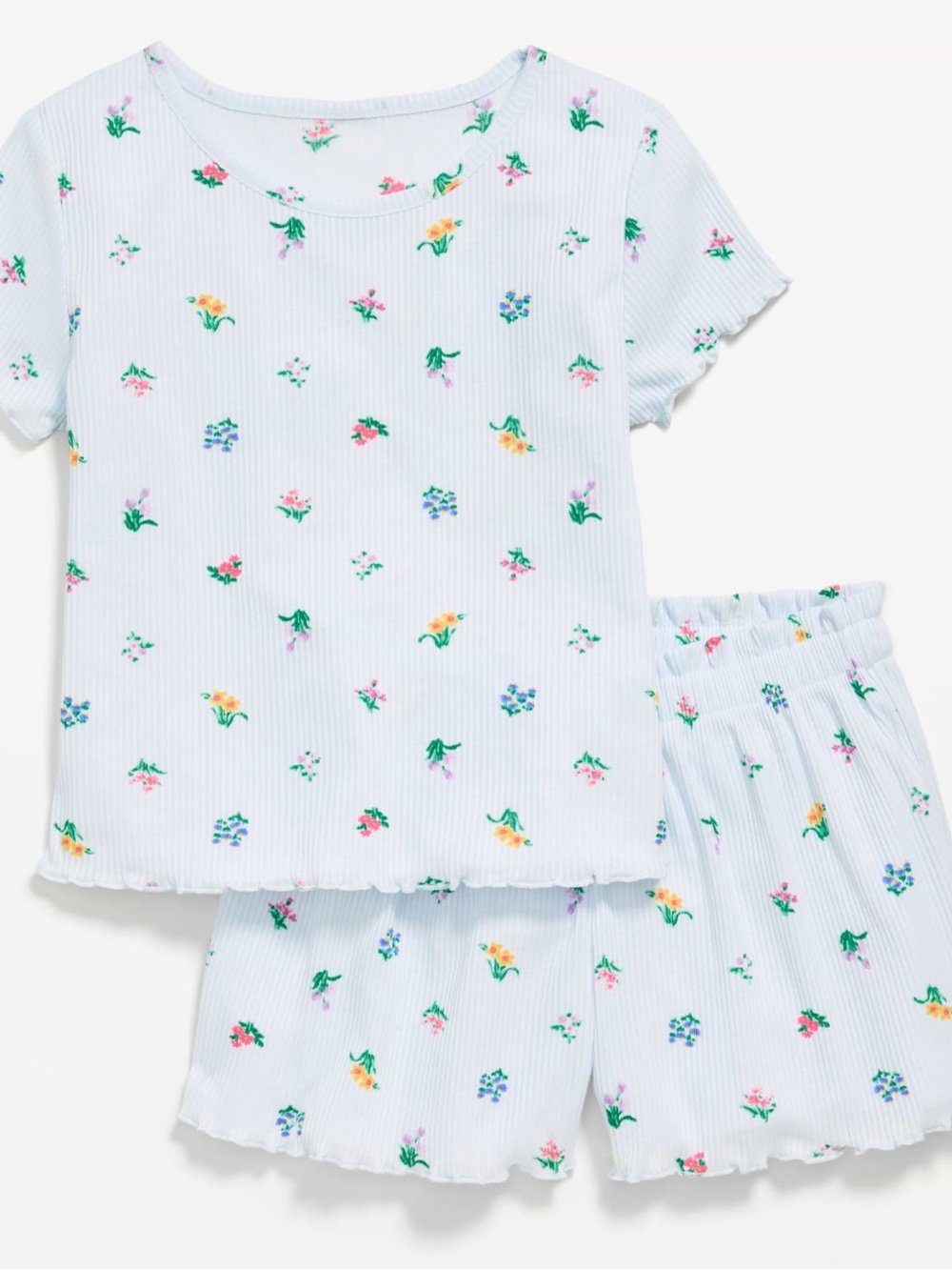 Old Navy Light Blue Floral Ribbed lettuce edge 2 piece short pajamas